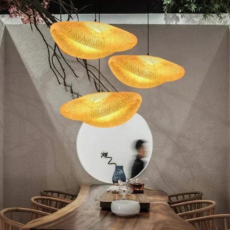 Lustre Rústico Artesanal de Bambu e Madeira Trançada - Iluminação Pendente Criativa para Decoração de Interiores - Minha loja