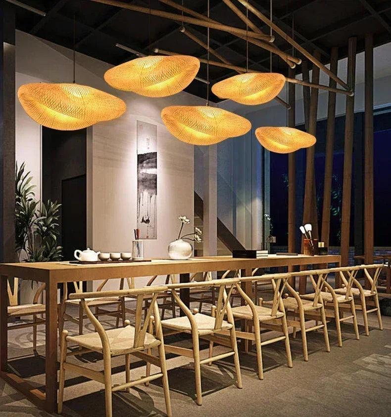 Lustre Rústico Artesanal de Bambu e Madeira Trançada - Iluminação Pendente Criativa para Decoração de Interiores - Minha loja