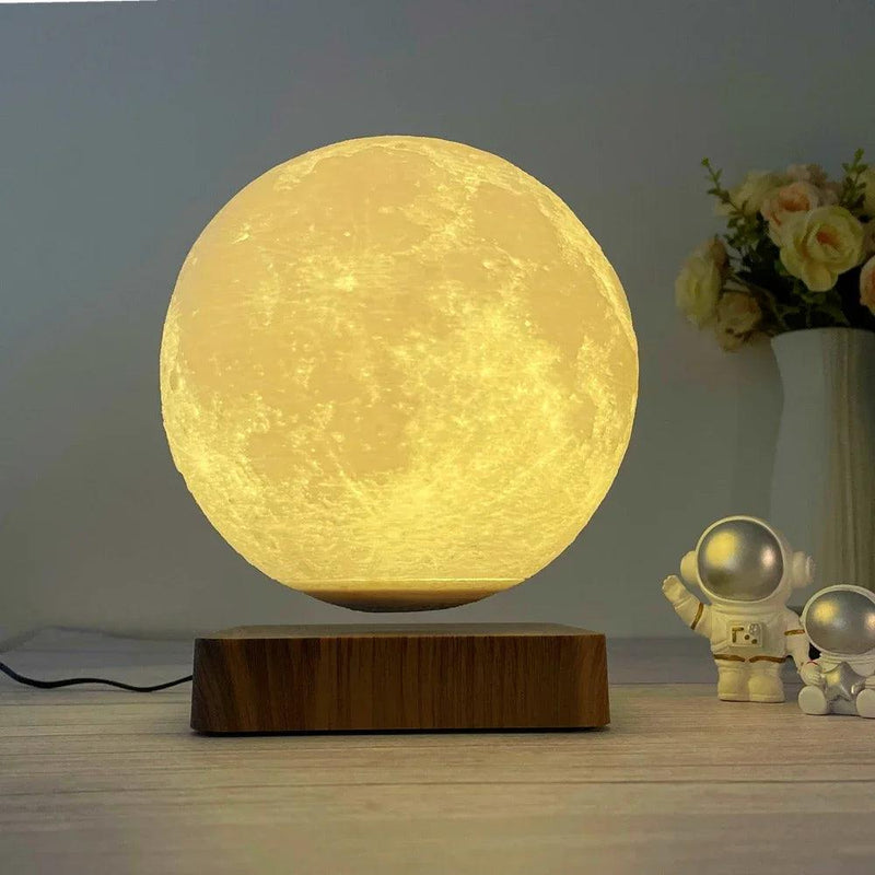 Luminária Lunar Levitante Impressa - Lâmpada de Mesa de Madeira com Lua Flutuante - Minha loja